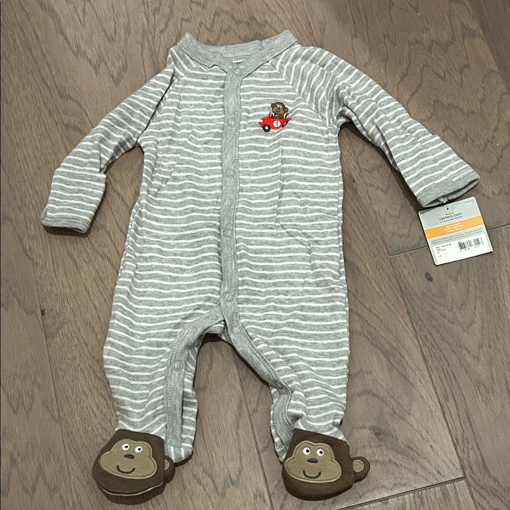 Carter's Gray Striped Footie with Monkey Appliqué